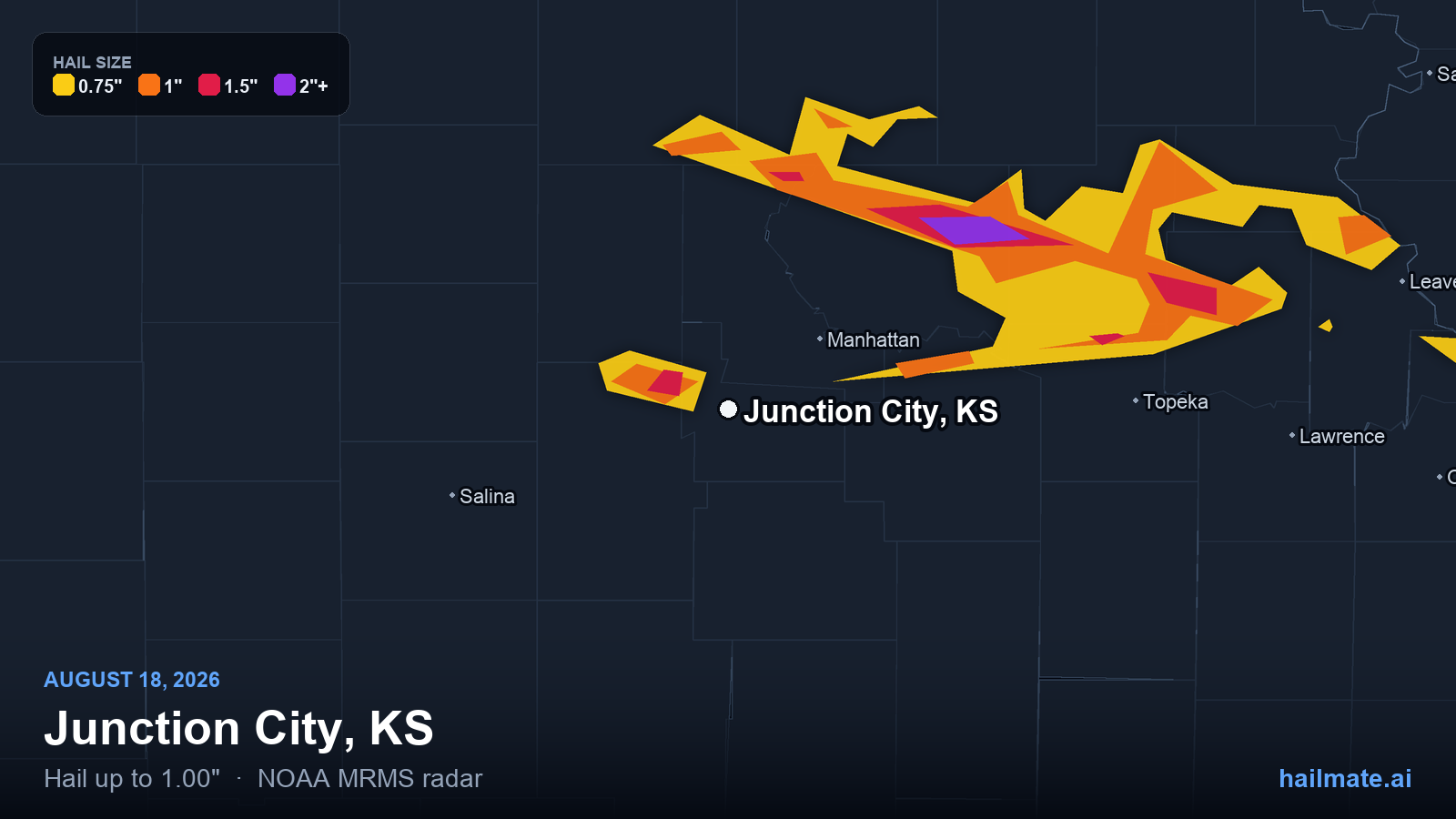 Hail swath map for Junction City, KS on August 18, 2026 showing 1.00 inch hail.