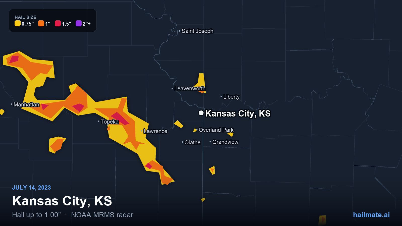 Hail swath map for Kansas City, KS on July 14, 2023 showing 1.00 inch hail.