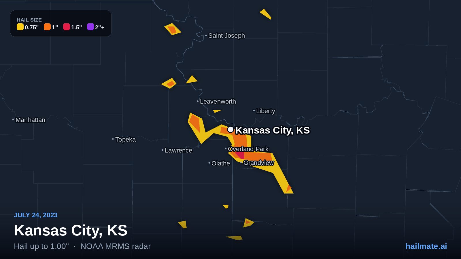 Hail swath map for Kansas City, KS on July 24, 2023 showing 1.00 inch hail.