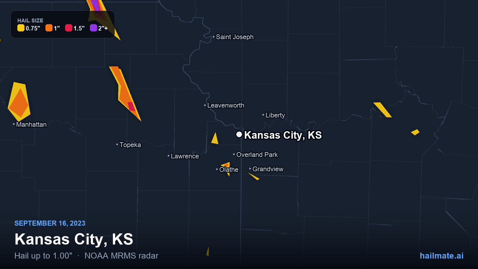 Hail swath map for Kansas City, KS on September 16, 2023 showing 1.00 inch hail.