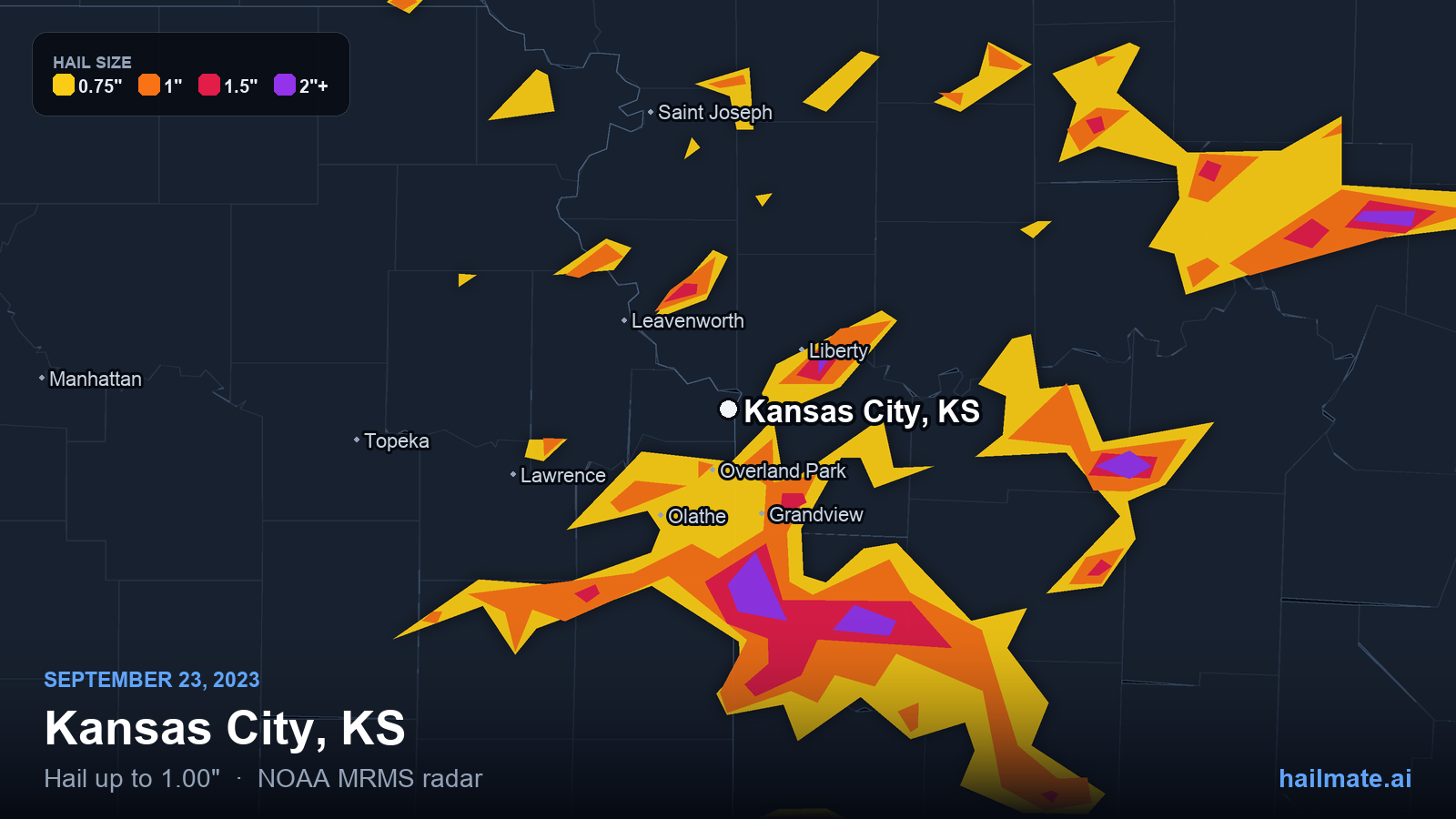 Hail swath map for Kansas City, KS on September 23, 2023 showing 1.00 inch hail.