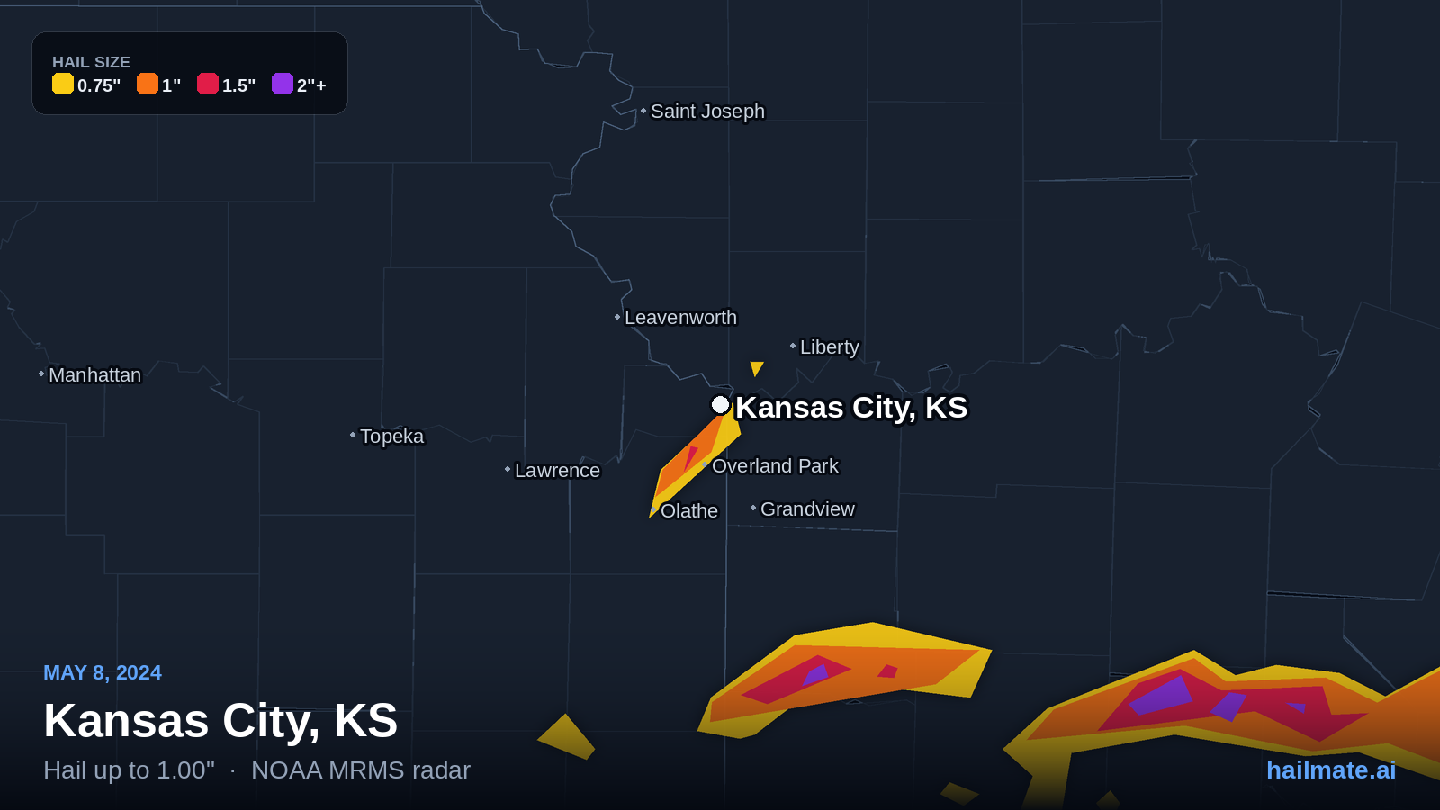 Hail swath map for Kansas City, KS on May 8, 2024 showing 1.00 inch hail.