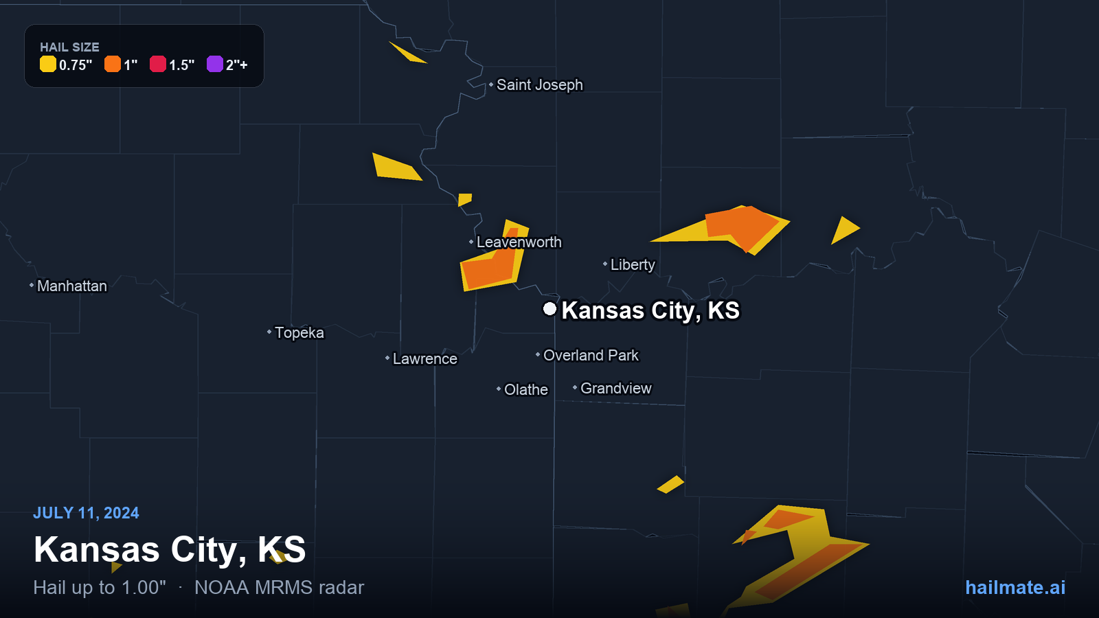 Hail swath map for Kansas City, KS on July 11, 2024 showing 1.00 inch hail.