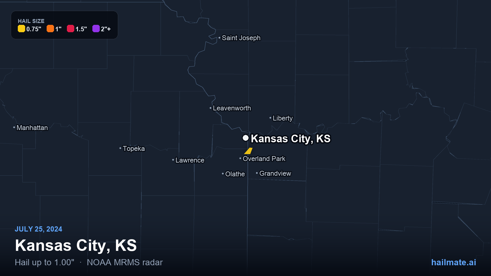 Hail swath map for Kansas City, KS on July 25, 2024 showing 1.00 inch hail.
