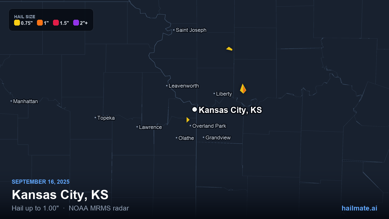 Hail swath map for Kansas City, KS on September 16, 2025 showing 1.00 inch hail.