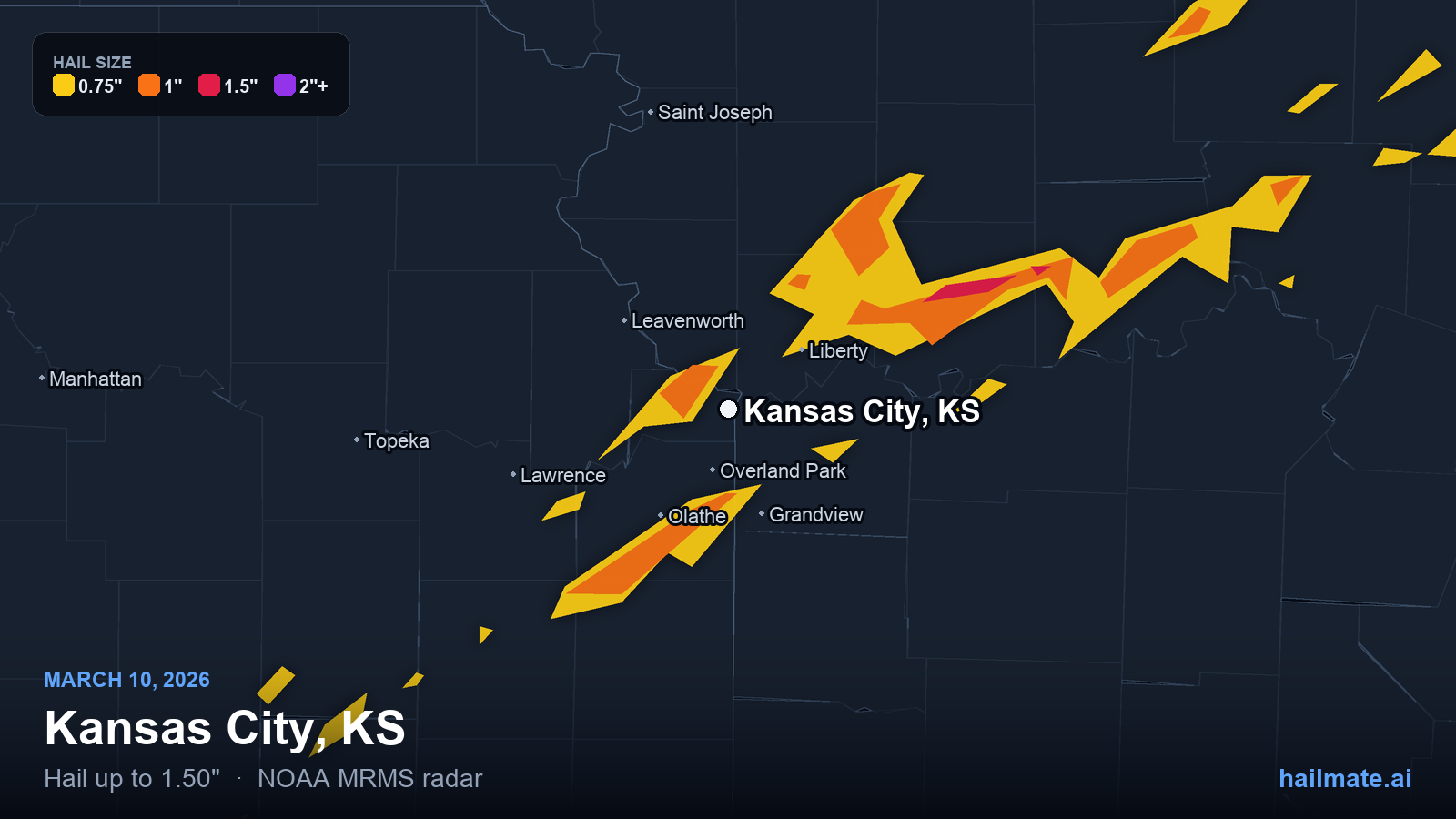 Hail swath map for Kansas City, KS on March 10, 2026 showing 1.50 inch hail.