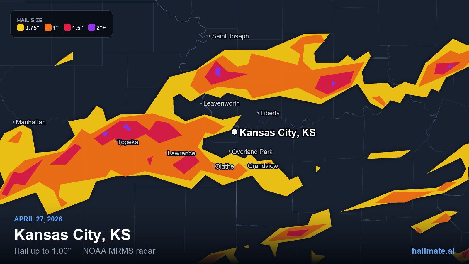 Hail swath map for Kansas City, KS on April 27, 2026 showing 1.00 inch hail.