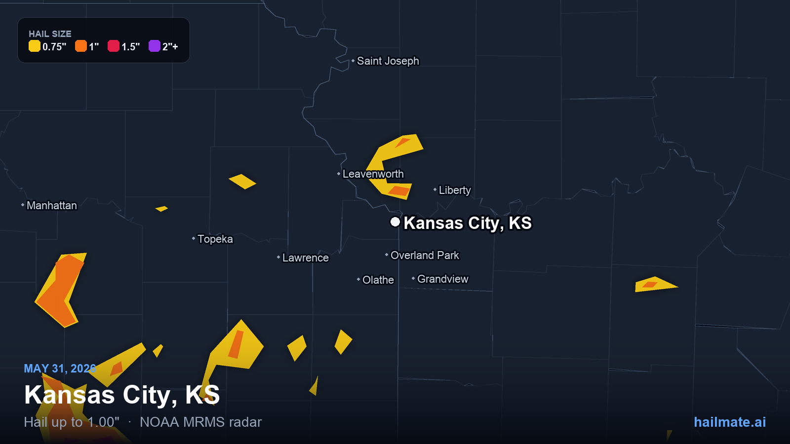 Hail swath map for Kansas City, KS on May 31, 2026 showing 1.00 inch hail.