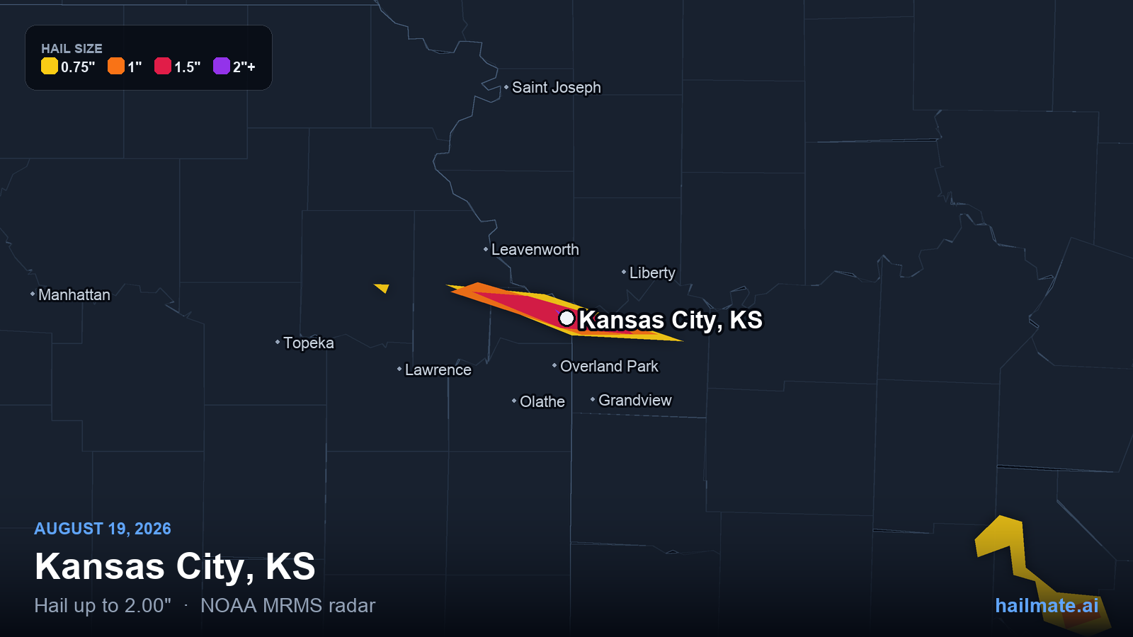 Hail swath map showing 2.00 inch hail over Kansas City, Kansas on August 19, 2026.