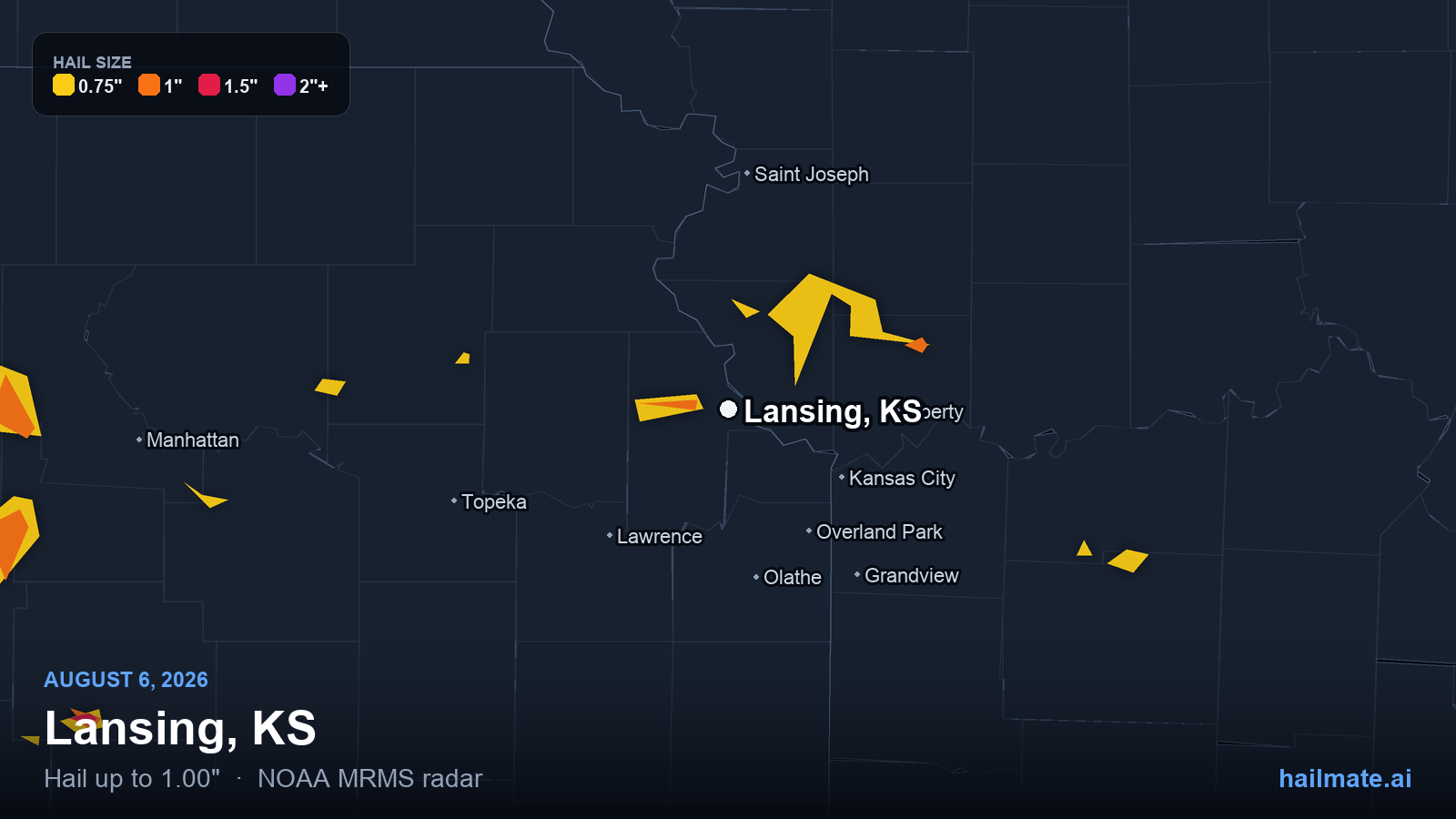 Hail swath map for Lansing, KS on August 6, 2026 showing 1.00 inch hail.