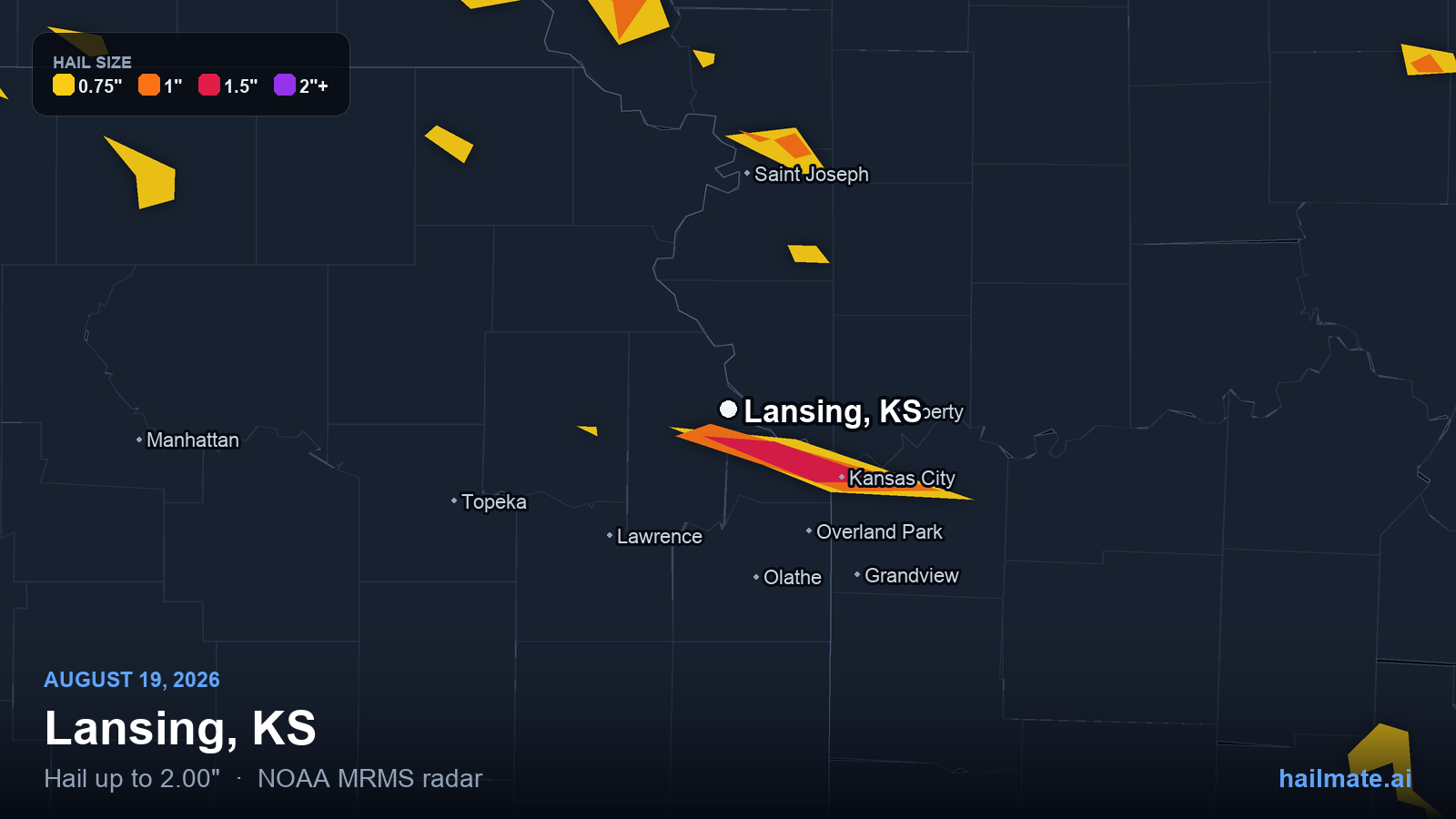 Hail swath map for Lansing, KS on August 19, 2026 showing 2.00 inch hail.