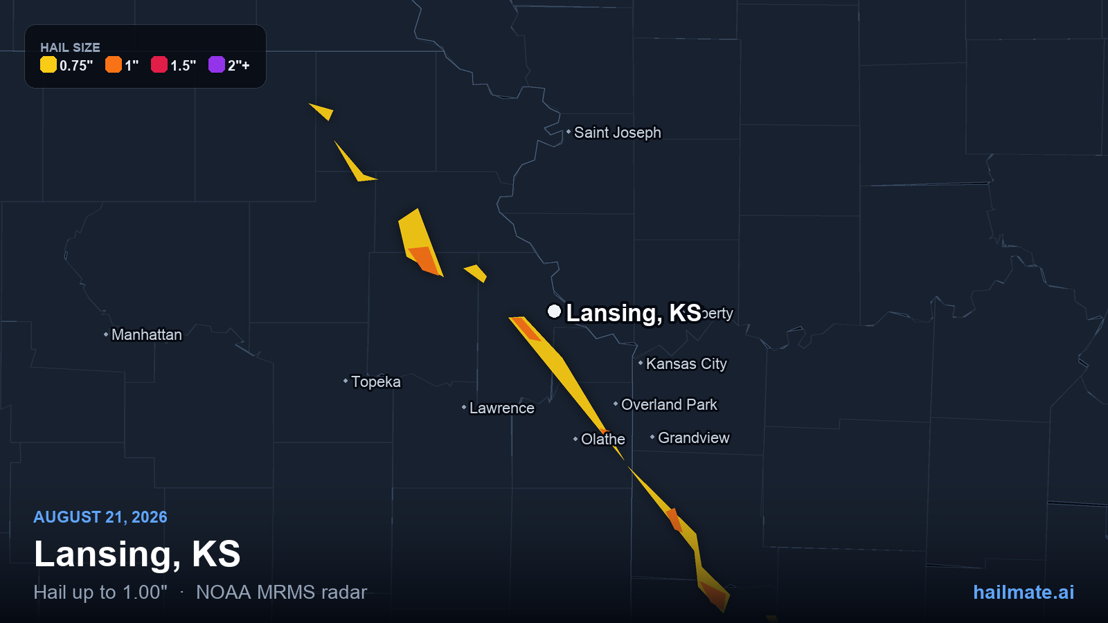 Hail swath map for Lansing, KS on August 21, 2026 showing 1.00 inch hail.