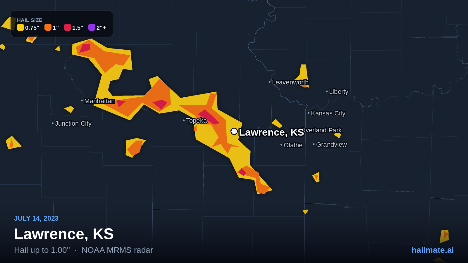 Hail swath map for Lawrence, KS on July 14, 2023 showing 1.00 inch hail.