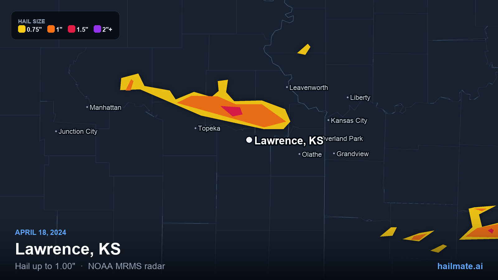 Hail swath map for Lawrence, KS on April 18, 2024 showing 1.00 inch hail.
