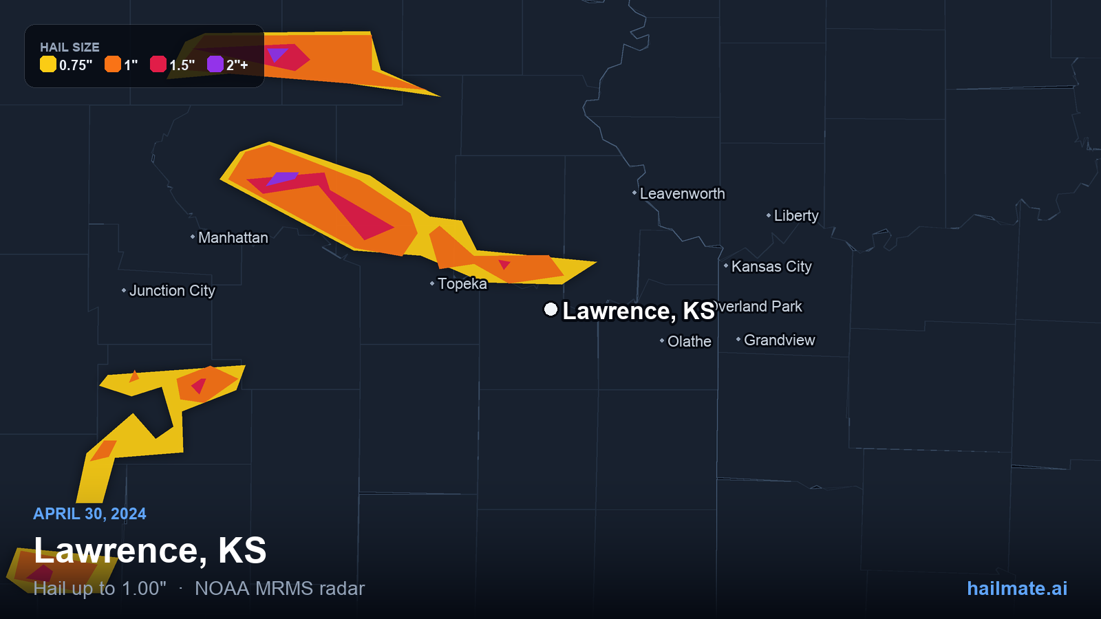 Hail swath map for Lawrence, KS on April 30, 2024 showing 1.00 inch hail.