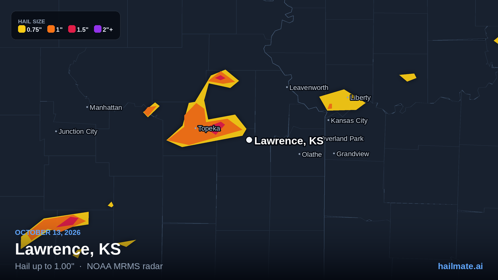 Hail swath map for Lawrence, KS on October 13, 2026 showing 1.00 inch hail.