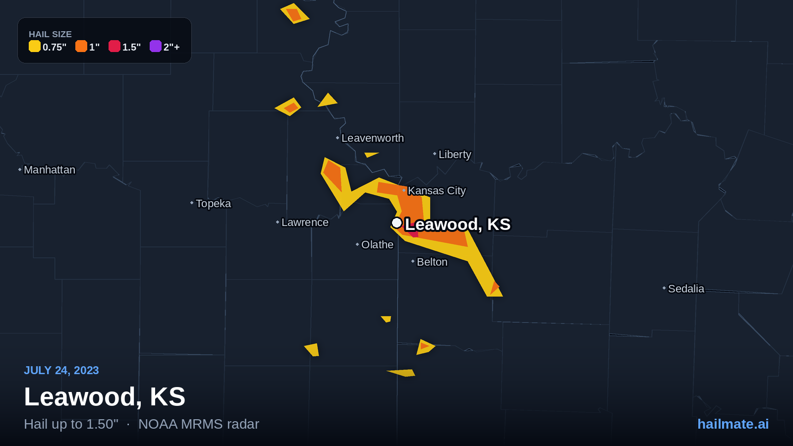 Hail swath map for Leawood, KS on July 24, 2023 showing 1.50 inch hail.