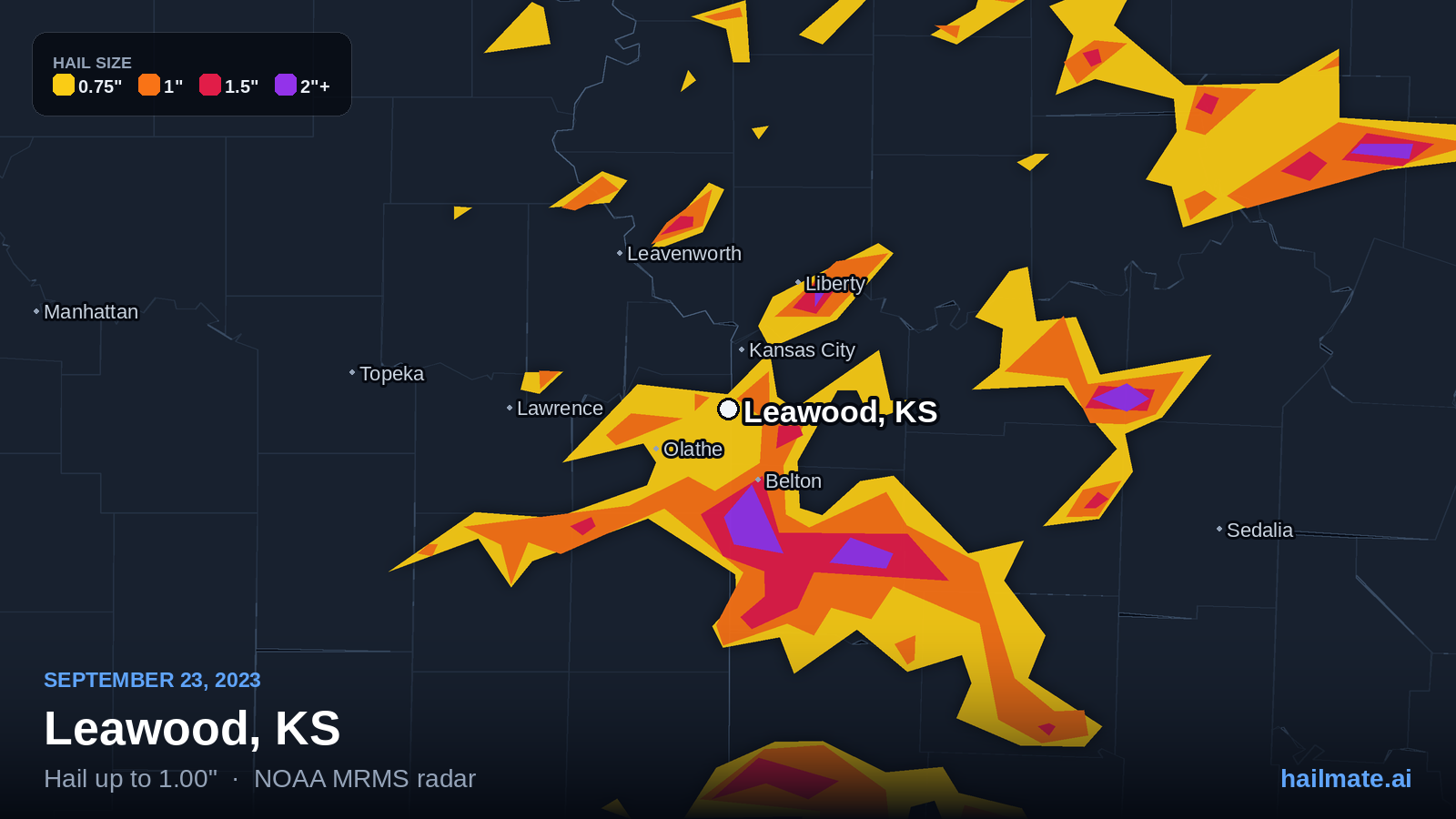 Hail swath map for Leawood, KS on September 23, 2023 showing 1.00 inch hail.