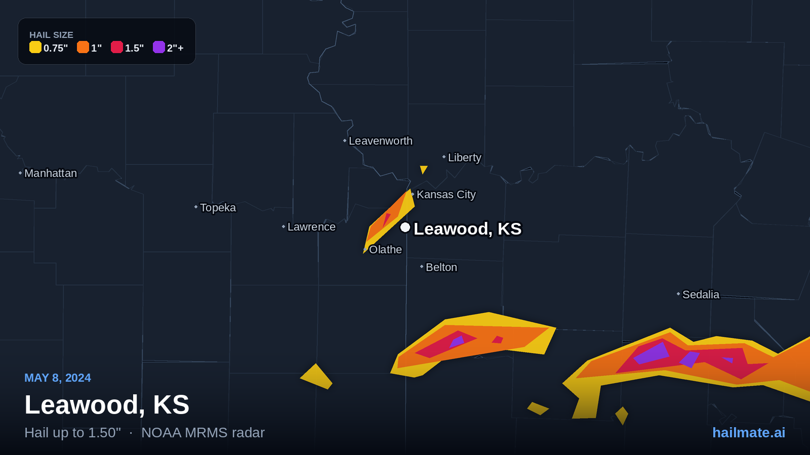 Hail swath map for Leawood, KS on May 8, 2024 showing 1.50 inch hail.