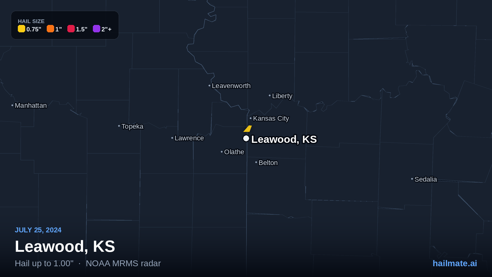 Hail swath map for Leawood, KS on July 25, 2024 showing 1.00 inch hail.