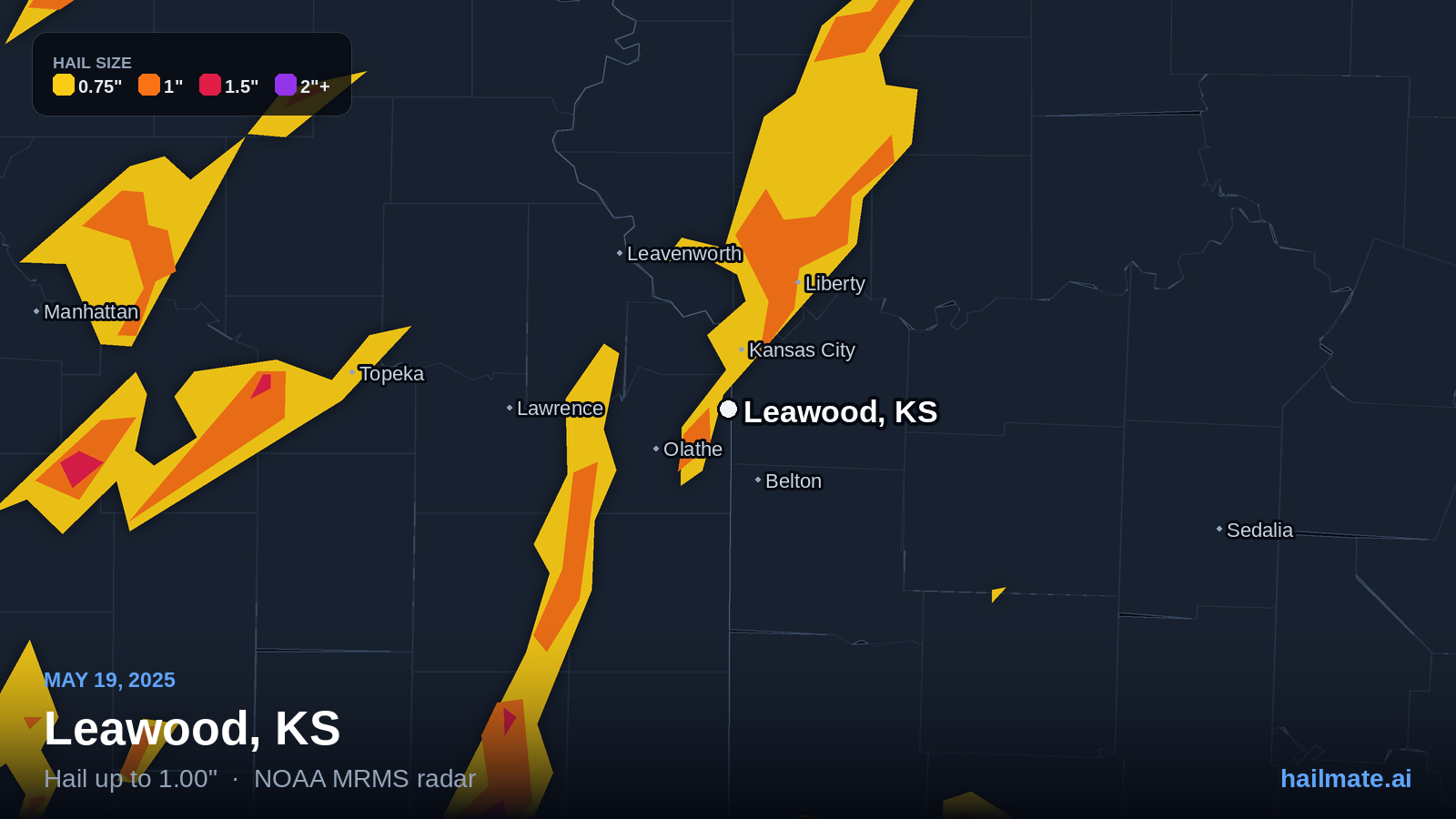 Hail swath map for Leawood, KS on May 19, 2025 showing 1.00 inch hail.