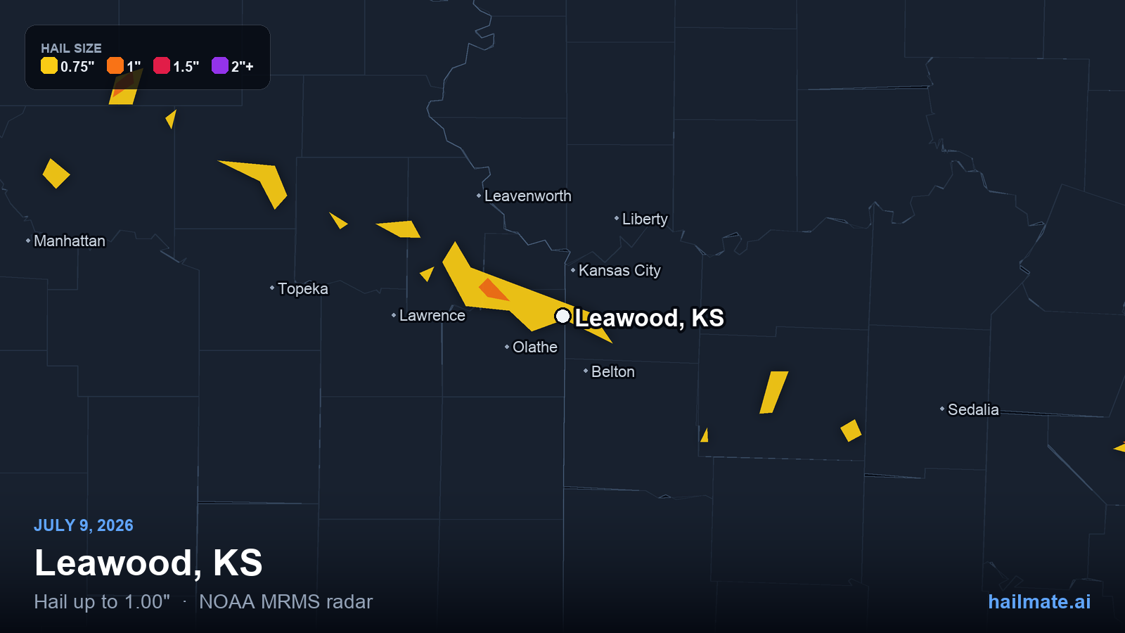 Hail swath map for Leawood, KS on July 9, 2026 showing 1.00 inch hail.