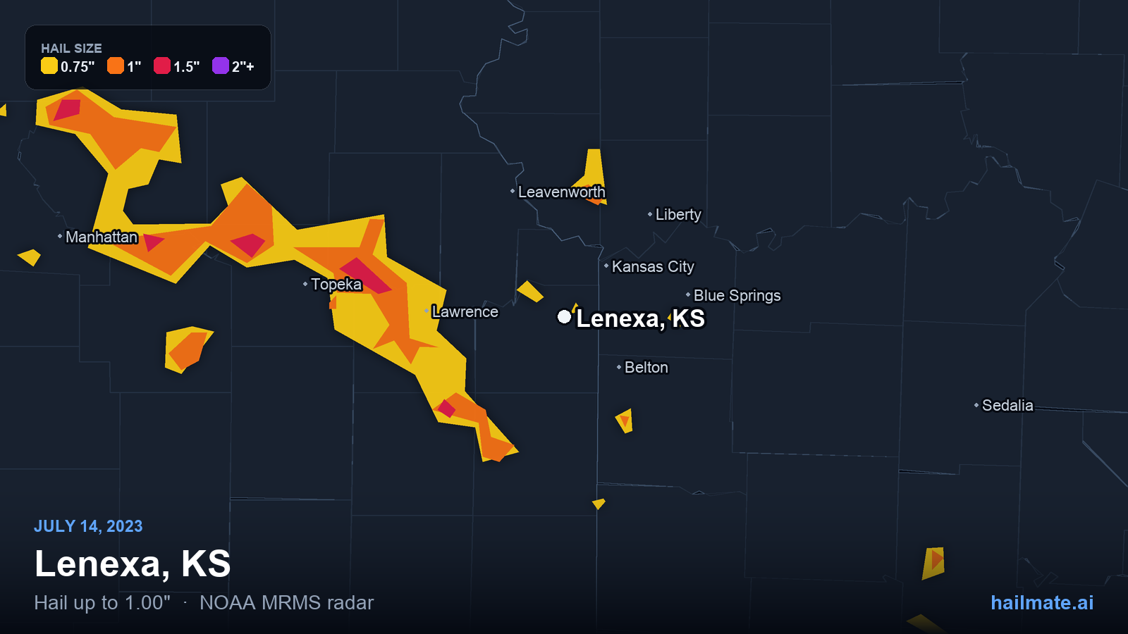 Hail swath map for Lenexa, KS on July 14, 2023 showing 1.00 inch hail.