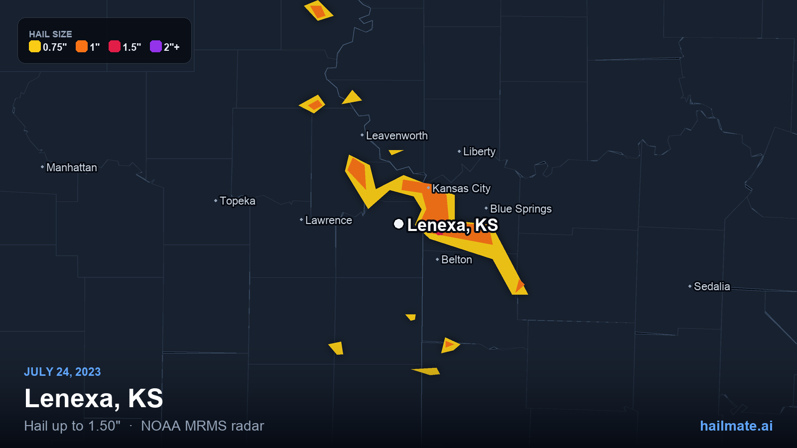 Hail swath map for Lenexa, KS on July 24, 2023 showing 1.50 inch hail.