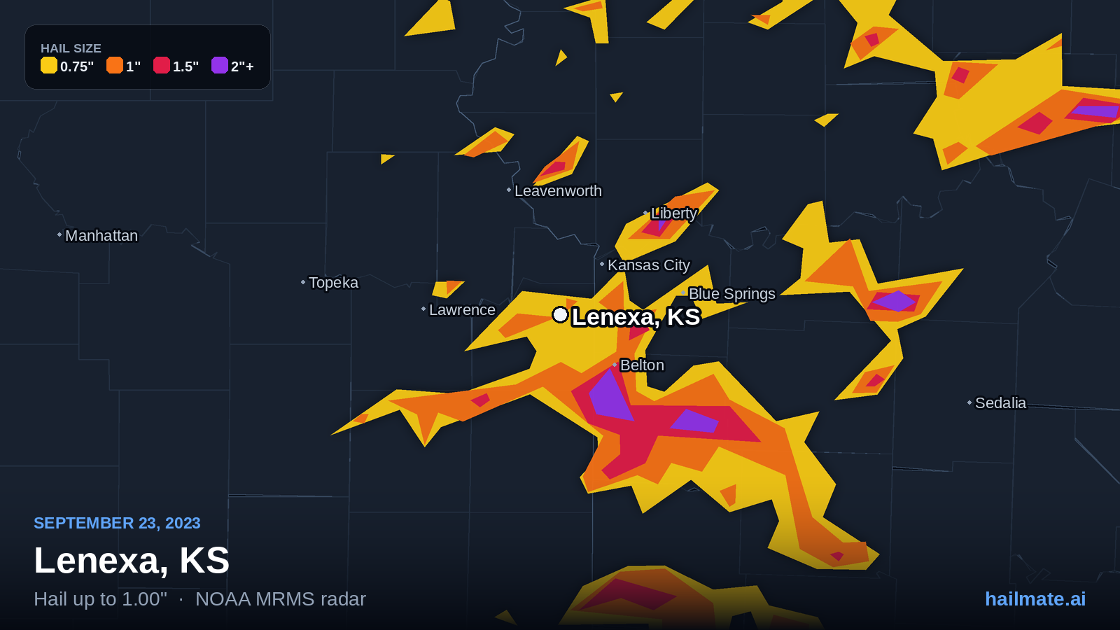 Hail swath map for Lenexa, KS on September 23, 2023 showing 1.00 inch hail.