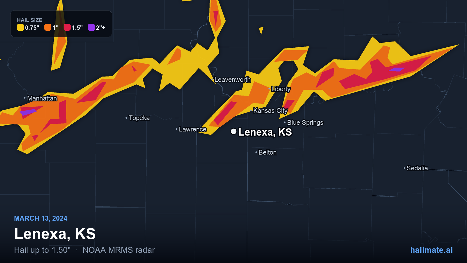 Hail swath map for Lenexa, KS on March 13, 2024 showing 1.50 inch hail.