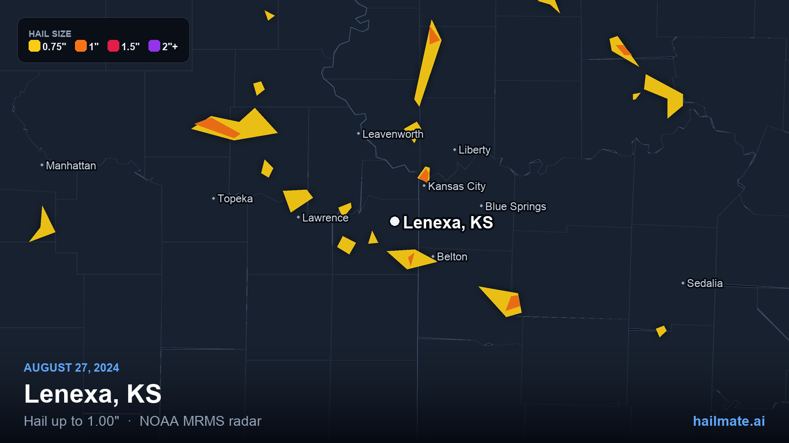 Hail swath map for Lenexa, KS on August 27, 2024 showing 1.00 inch hail.
