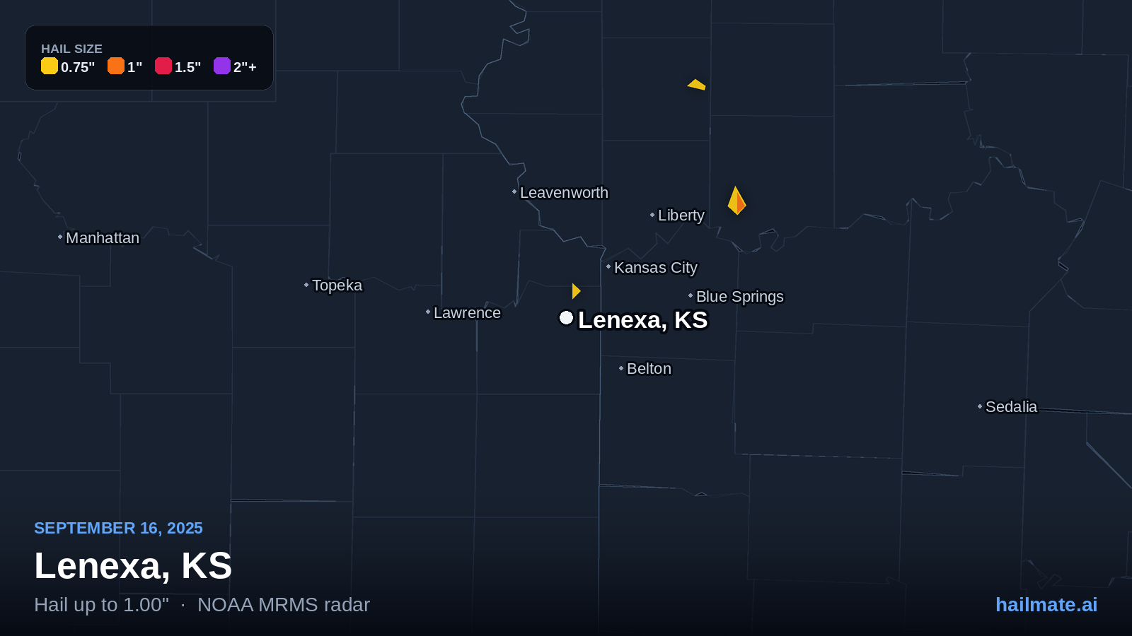 Hail swath map for Lenexa, KS on September 16, 2025 showing 1.00 inch hail.