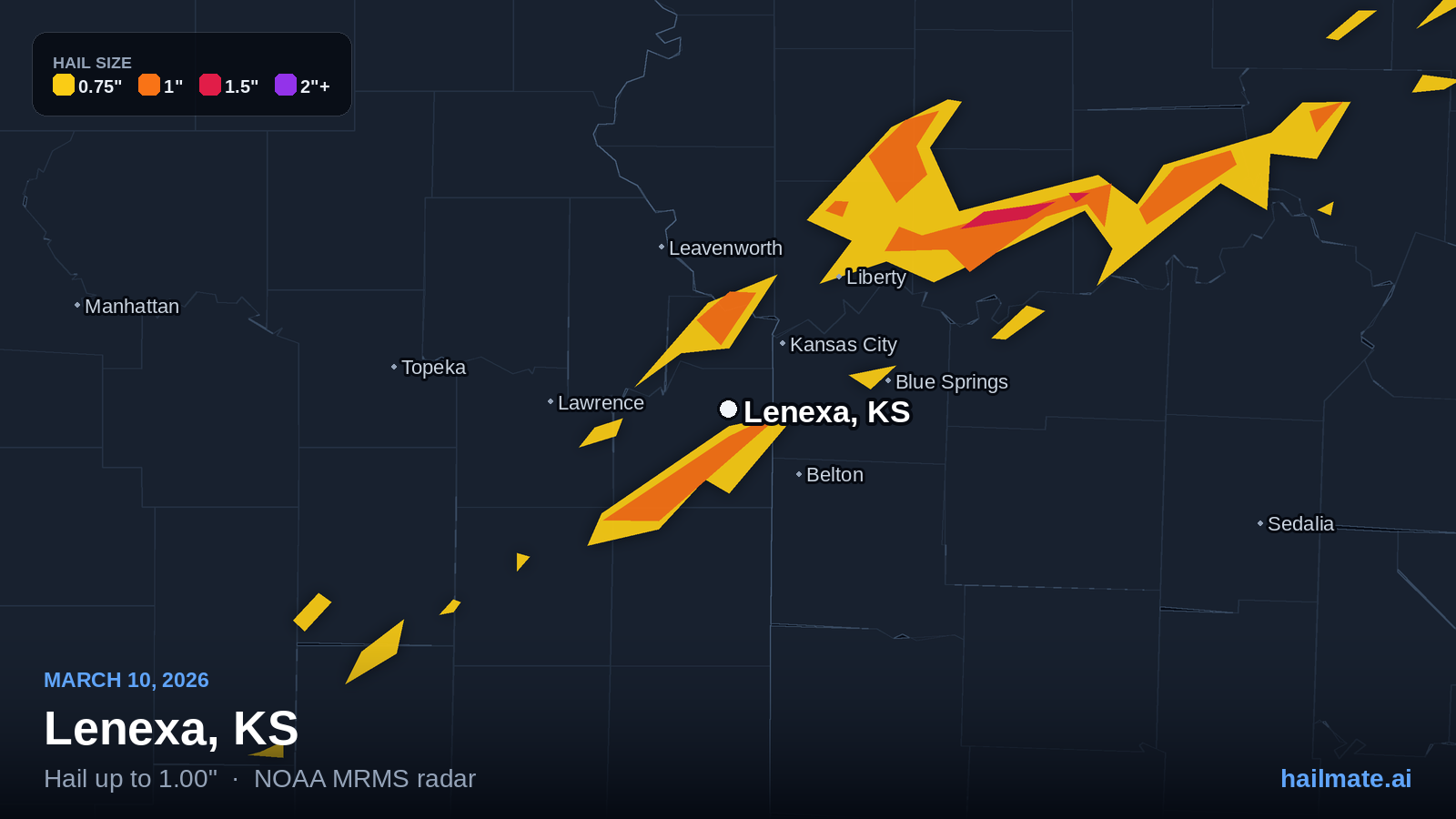 Hail swath map for Lenexa, KS on March 10, 2026 showing 1.00 inch hail.