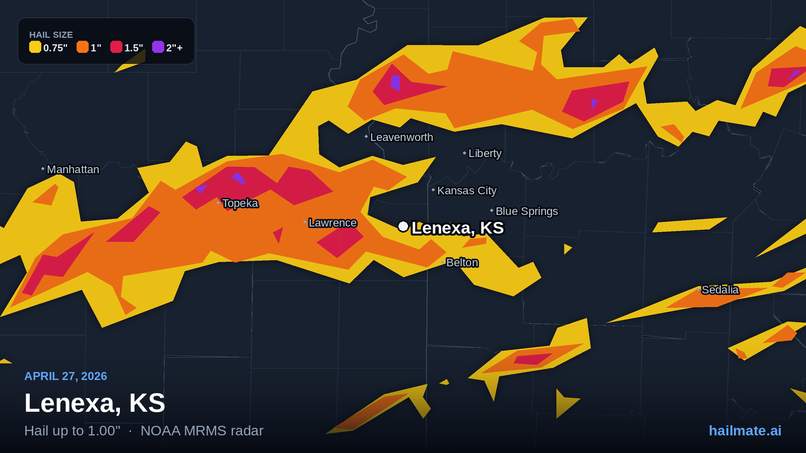 Hail swath map for Lenexa, KS on April 27, 2026 showing 1.00 inch hail.