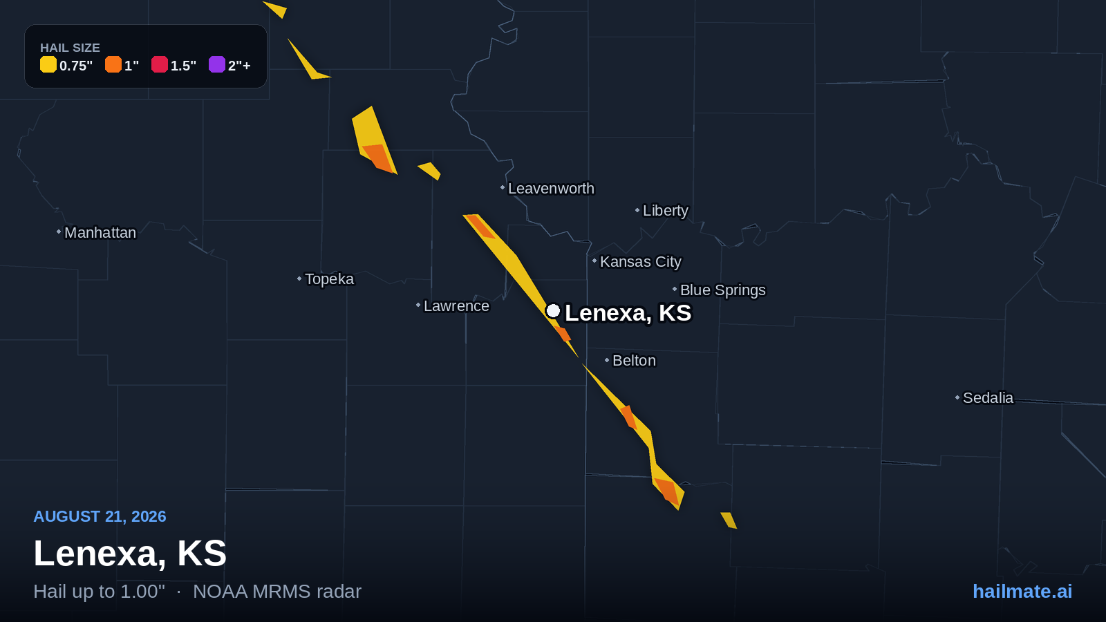 Hail swath map for Lenexa, KS on August 21, 2026 showing 1.00 inch hail.