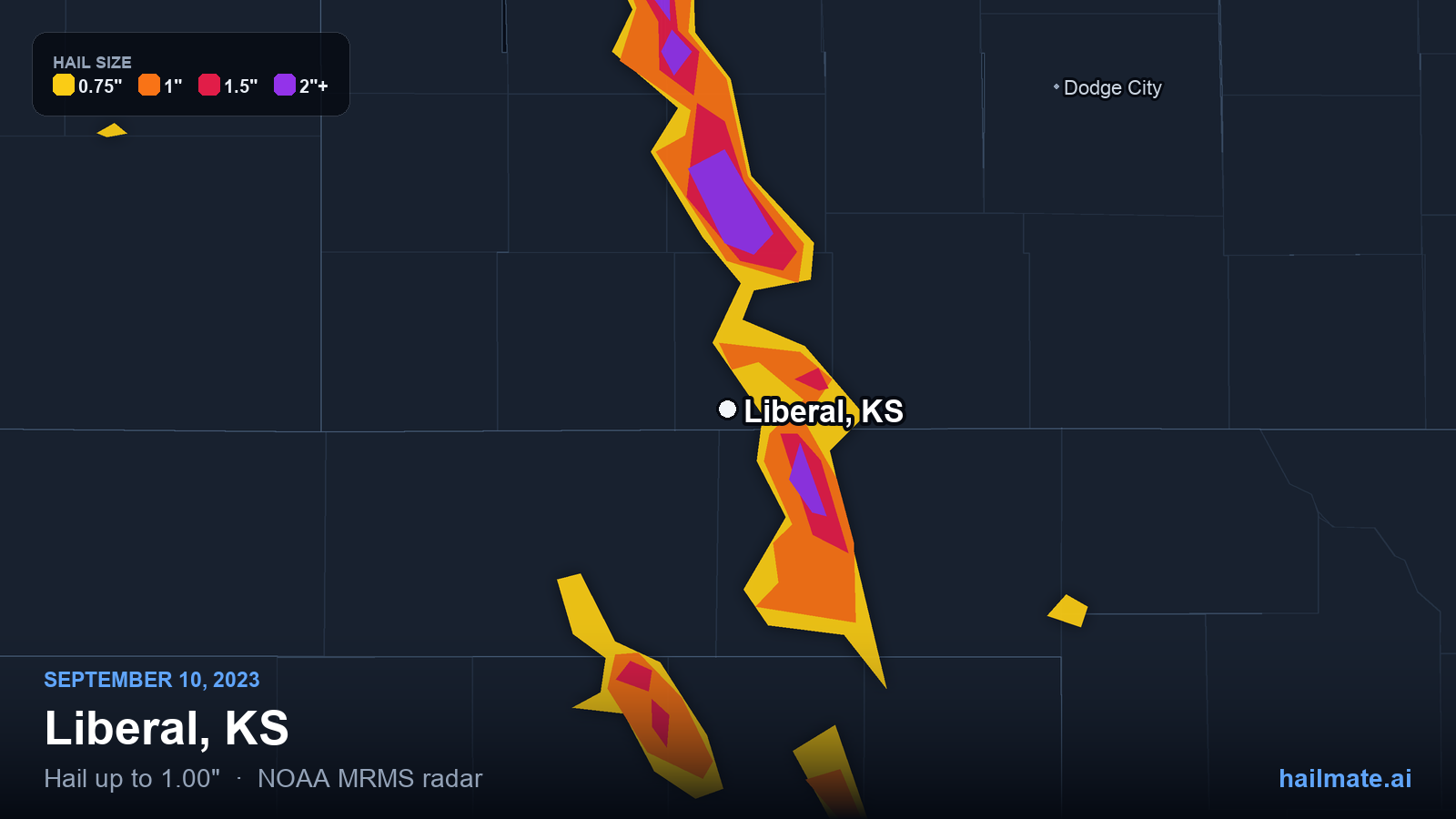 Hail swath map for Liberal, KS on September 10, 2023 showing 1.00 inch hail.
