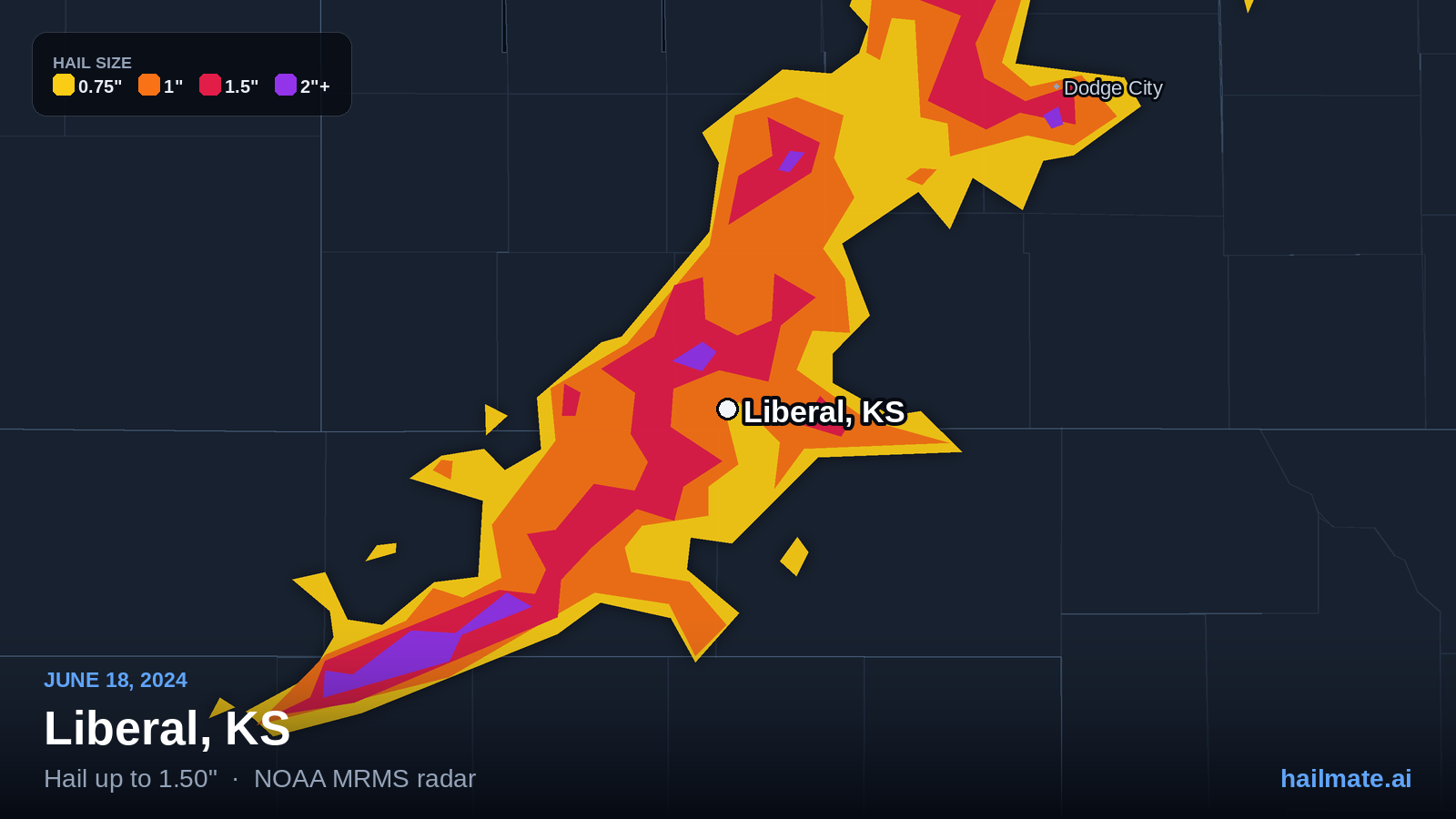 Hail swath map for Liberal, KS on June 18, 2024 showing 1.50 inch hail.