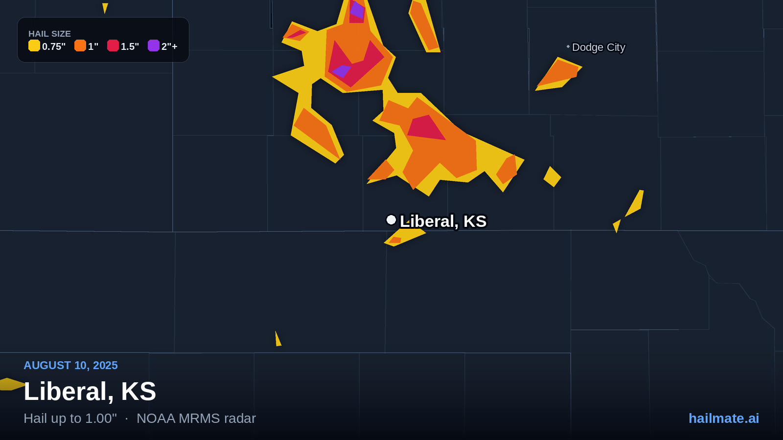 Hail swath map for Liberal, KS on August 10, 2025 showing 1.00 inch hail.
