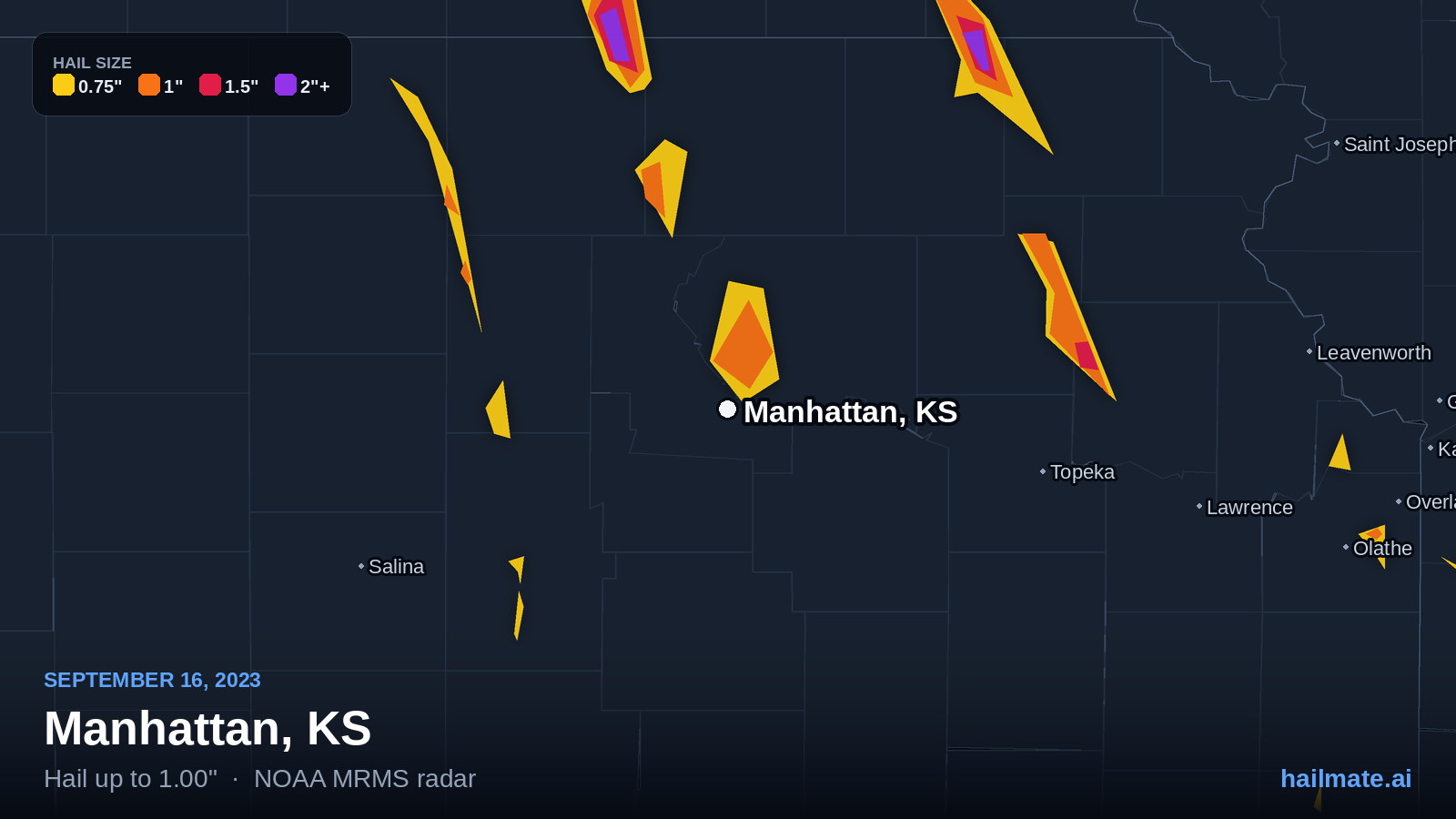 Hail swath map for Manhattan, KS on September 16, 2023 showing 1.00 inch hail.