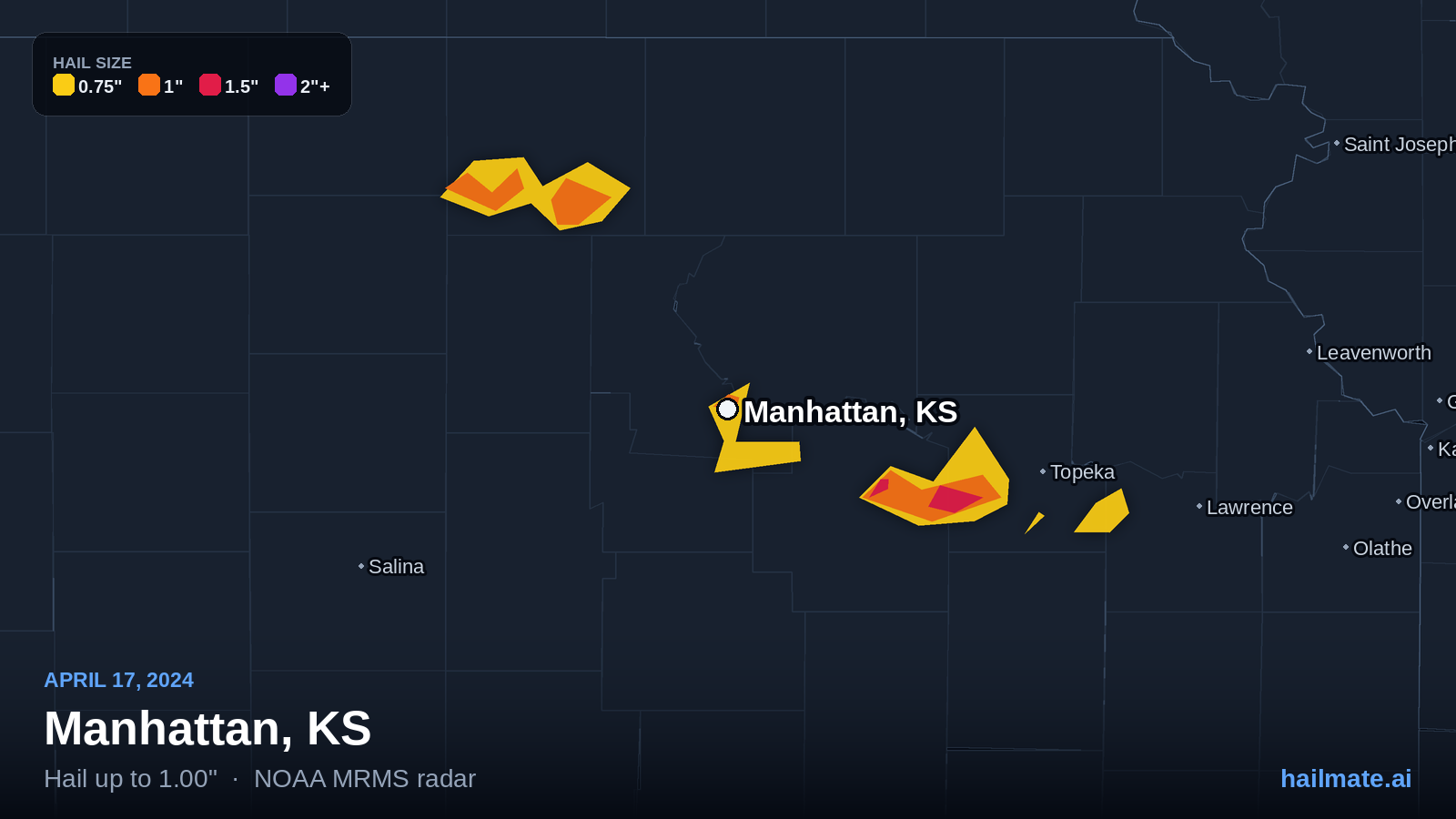 Hail swath map for Manhattan, KS on April 17, 2024 showing 1.00 inch hail.