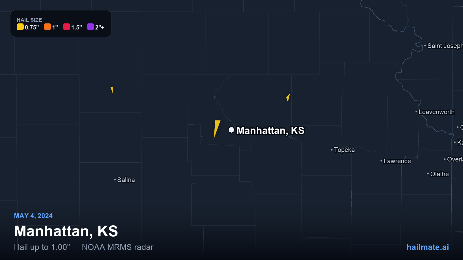 Hail swath map for Manhattan, KS on May 4, 2024 showing 1.00 inch hail.