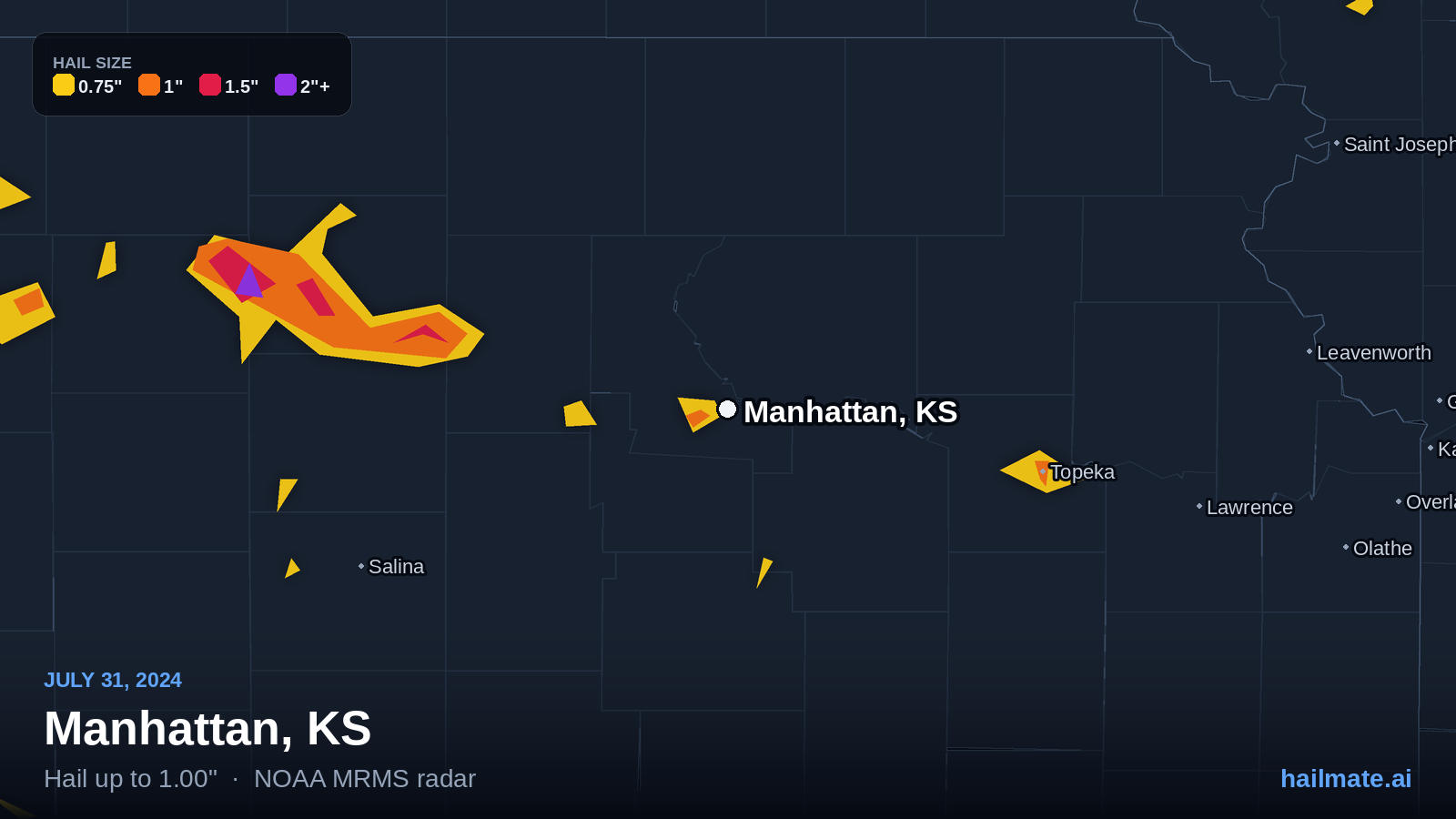 Hail swath map for Manhattan, KS on July 31, 2024 showing 1.00 inch hail.