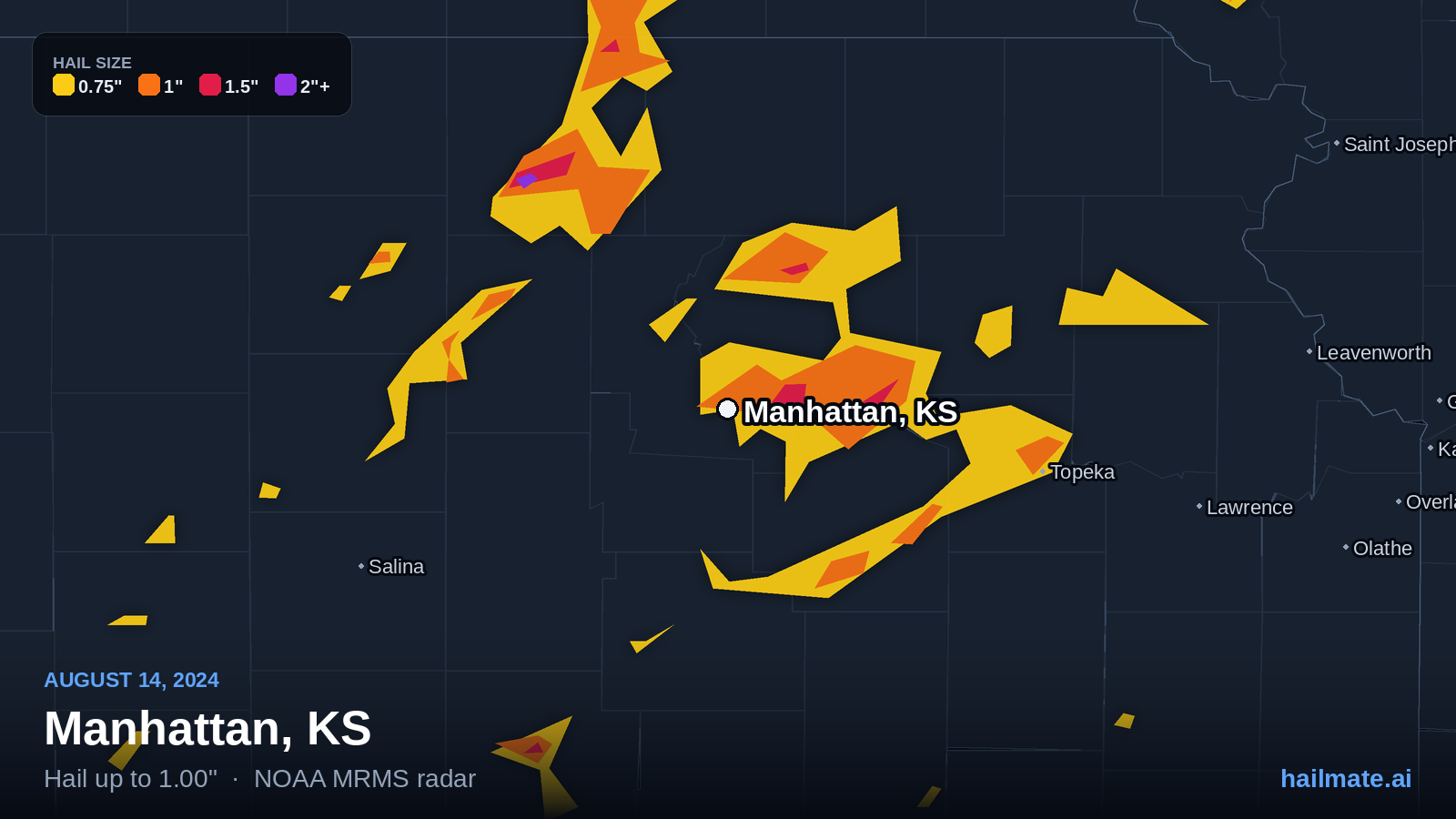 Hail swath map for Manhattan, KS on August 14, 2024 showing 1.00 inch hail.