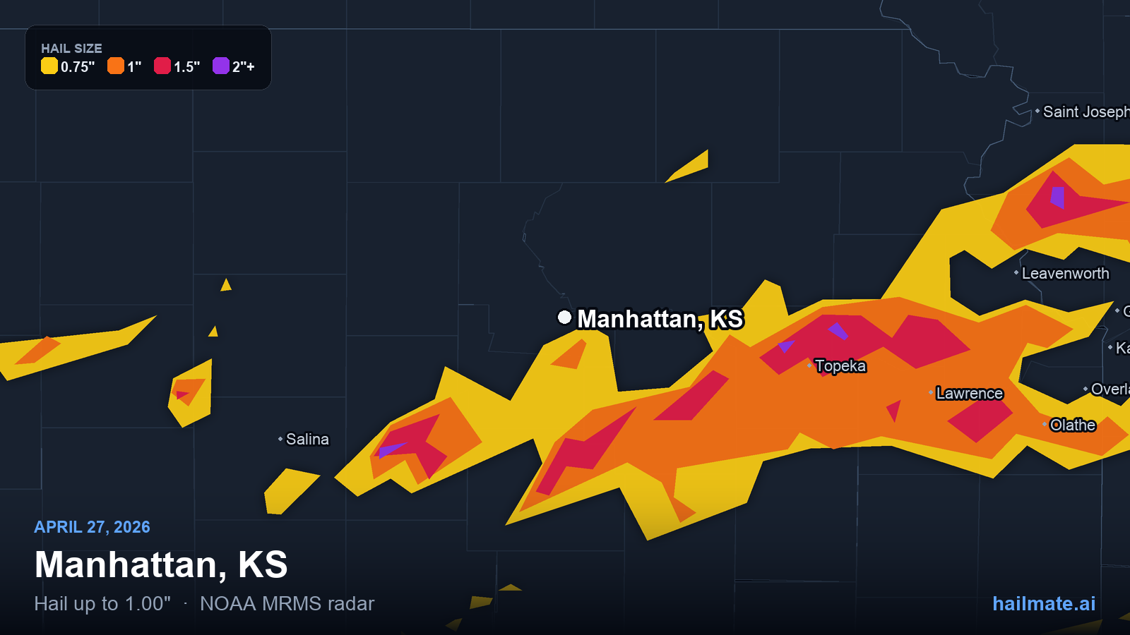 Hail swath map for Manhattan, KS on April 27, 2026 showing 1.00 inch hail.