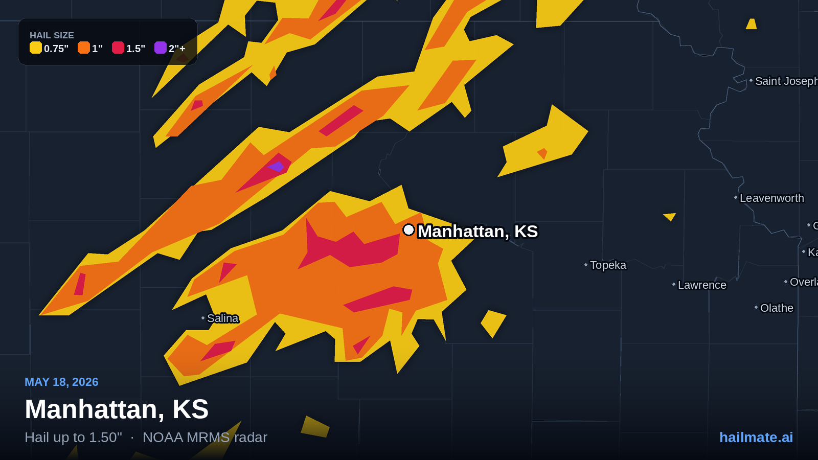 Hail swath map for Manhattan, KS on May 18, 2026 showing 1.50 inch hail.