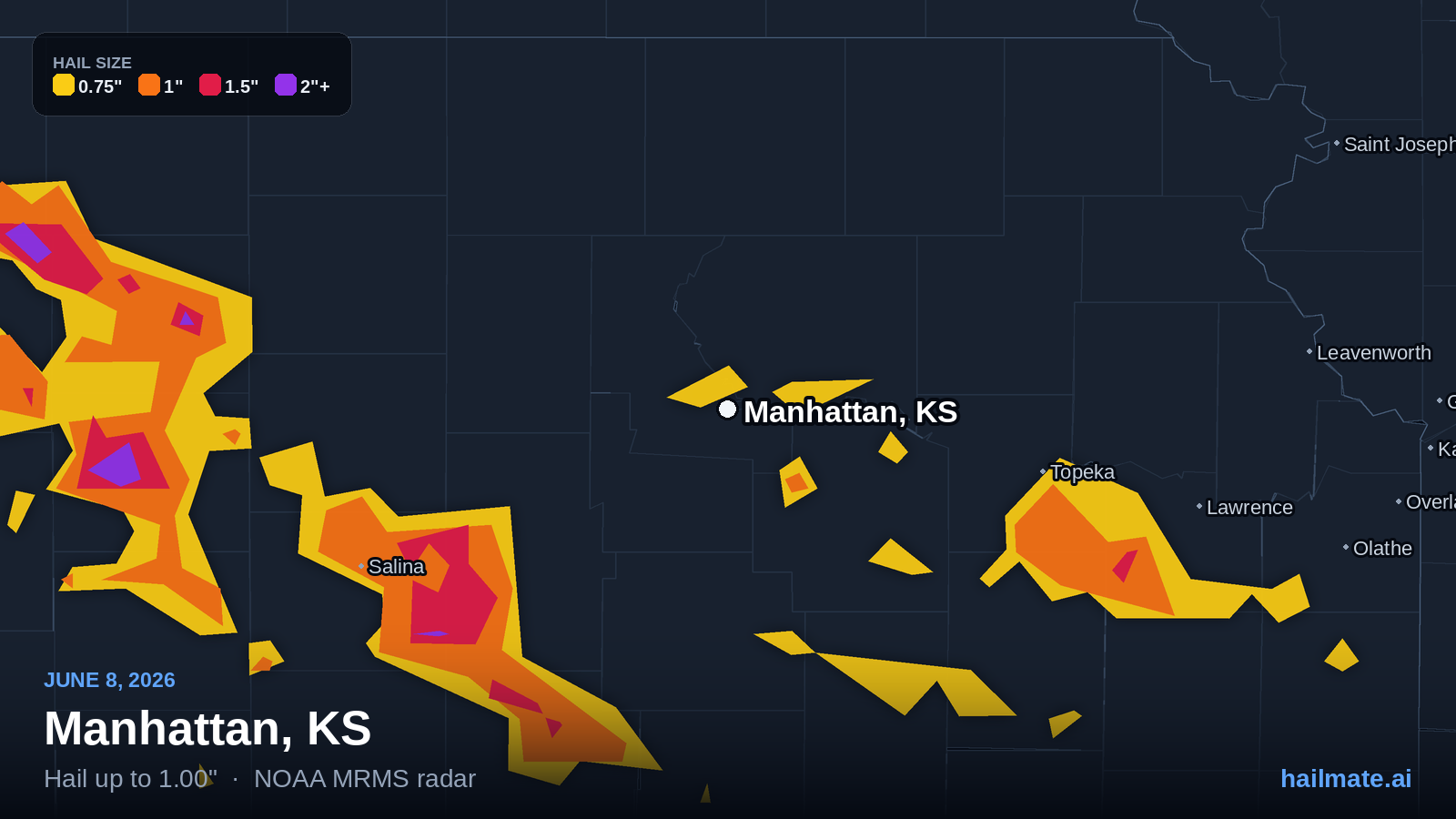 Hail swath map for Manhattan, KS on June 8, 2026 showing 1.00 inch hail.