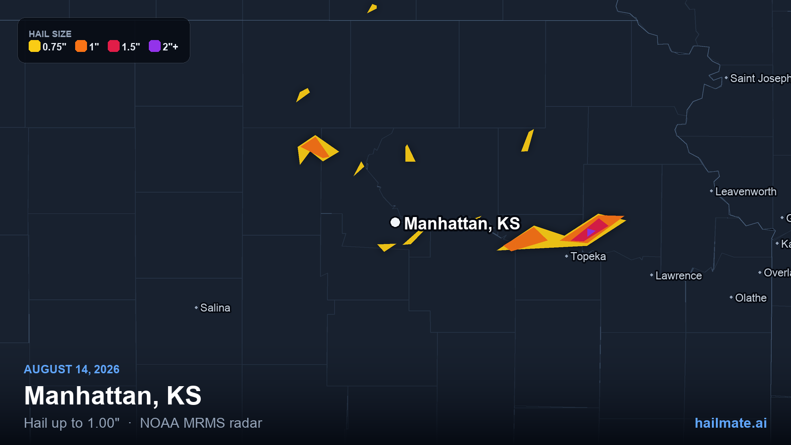 Hail swath map for Manhattan, KS on August 14, 2026 showing 1.00 inch hail.
