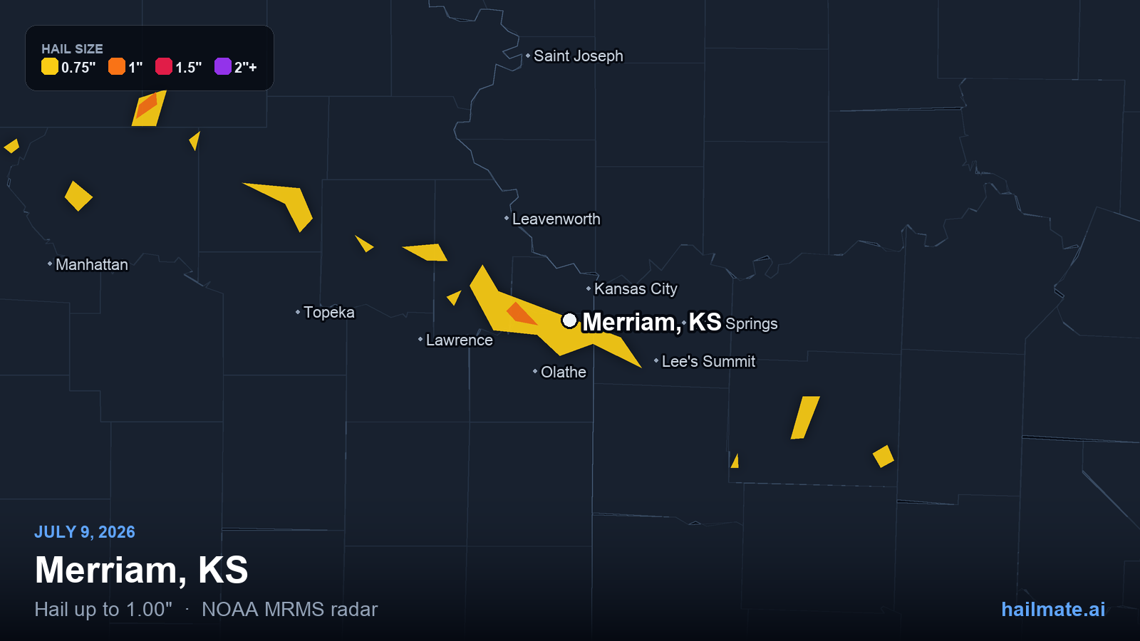 Hail swath map for Merriam, KS on July 9, 2026 showing 1.00 inch hail.