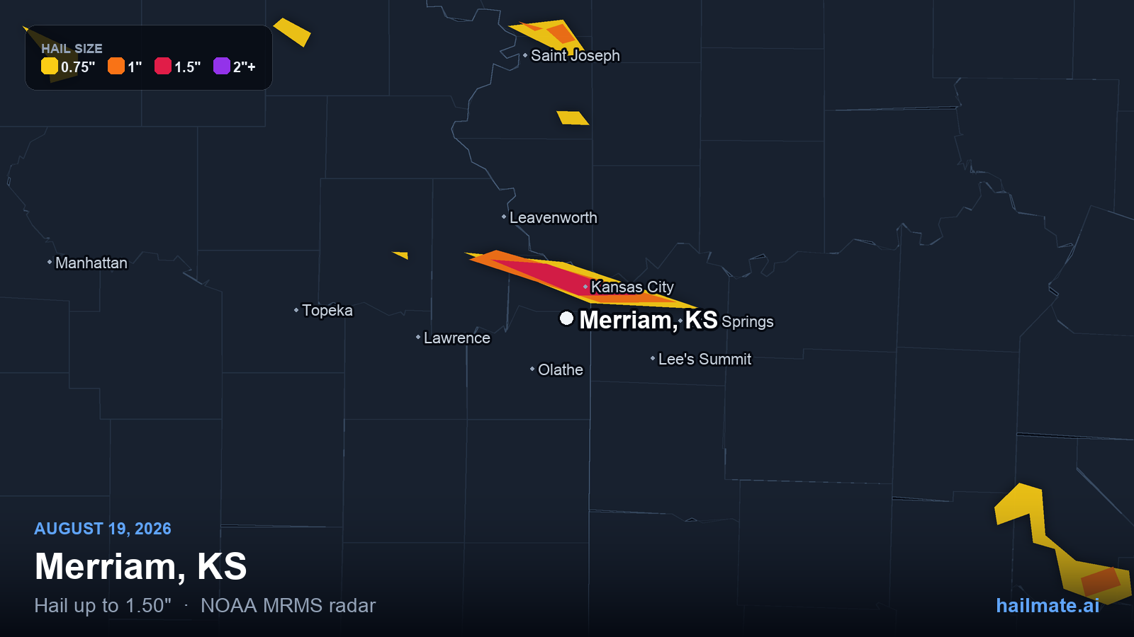 Hail swath map for Merriam, KS on August 19, 2026 showing 1.50 inch hail.