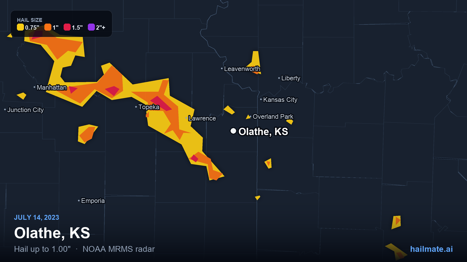 Hail swath map for Olathe, KS on July 14, 2023 showing 1.00 inch hail.
